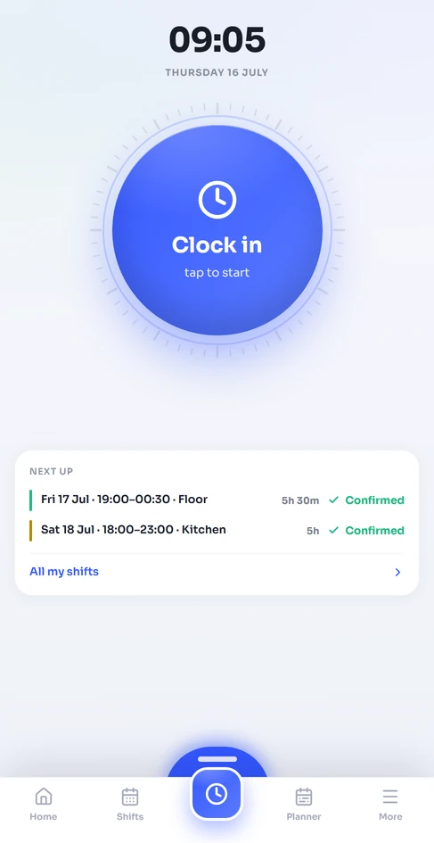 Mately mobile app showing a shift and clock-in